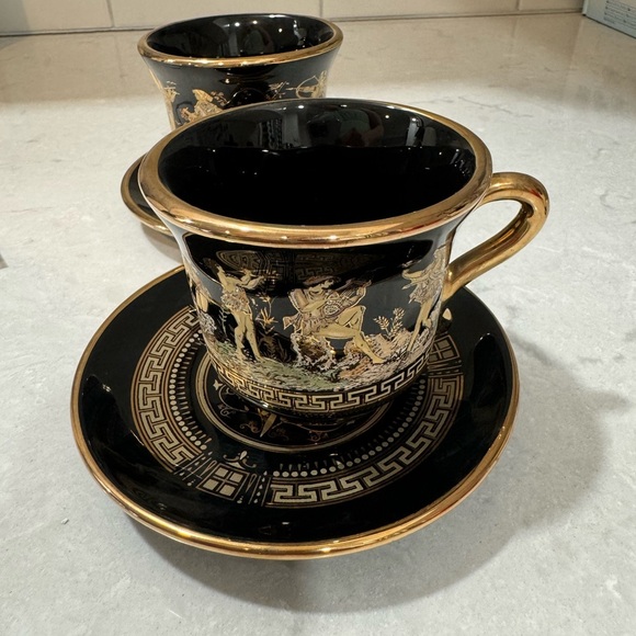 2 Black and Gold Greek Motif Cups and Saucers - Picture 9 of 9